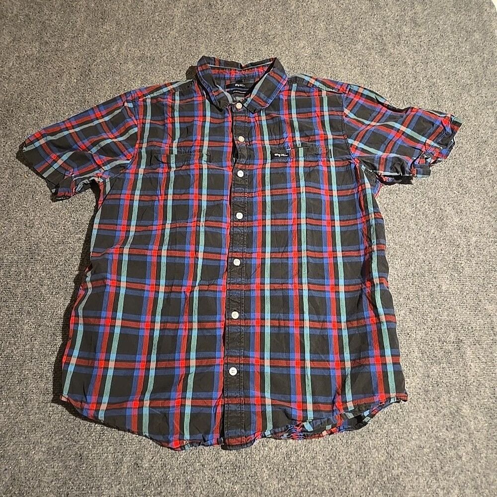 LRG Crypt Keeper Shirt Mens Large Blue Plaid Short Sleeve Woven 100% Cotton